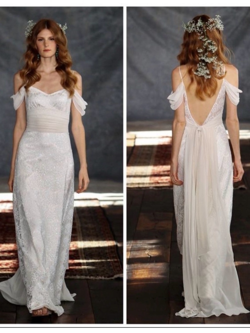 Romantic White Lace Off-Shoulder Wedding Dress with Draped Back